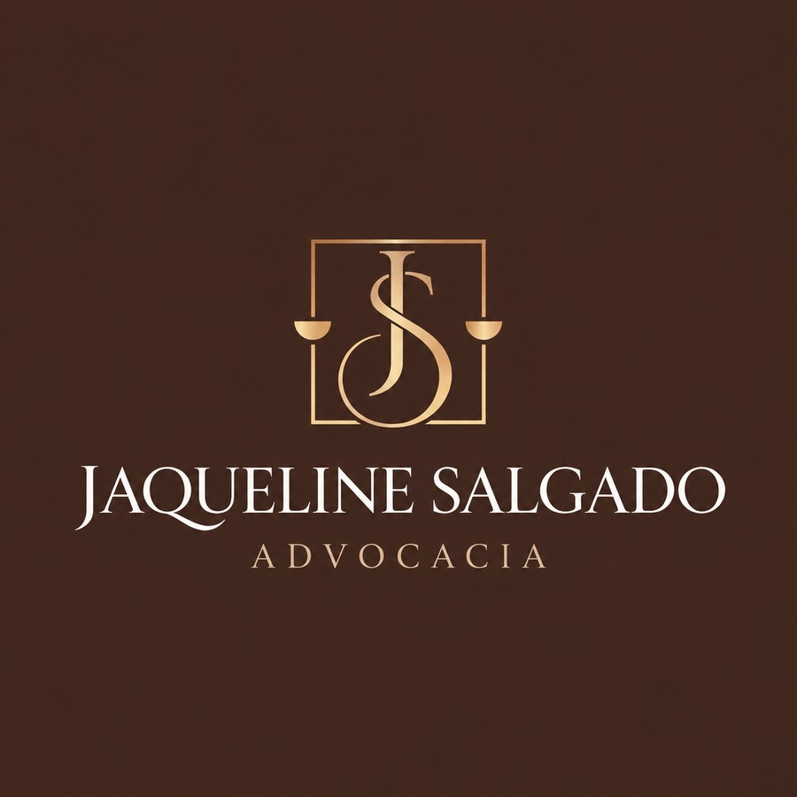 Logo da Jaqueline Salgado Advocacia: monograma JS com balança da justiça em dourado sobre fundo marrom