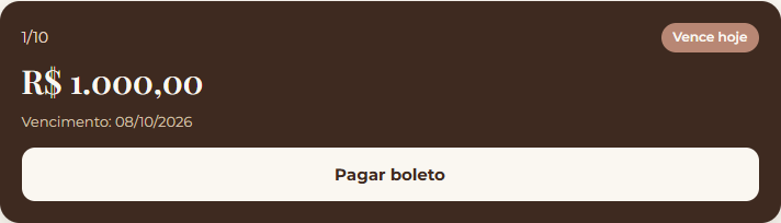 Cartão do portal com boleto de R$ 1.000,00 que vence hoje e botão Pagar boleto